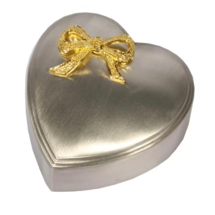 Fortinnet smykkeskrin m. forgyldt sløjfe 8*8 cm
